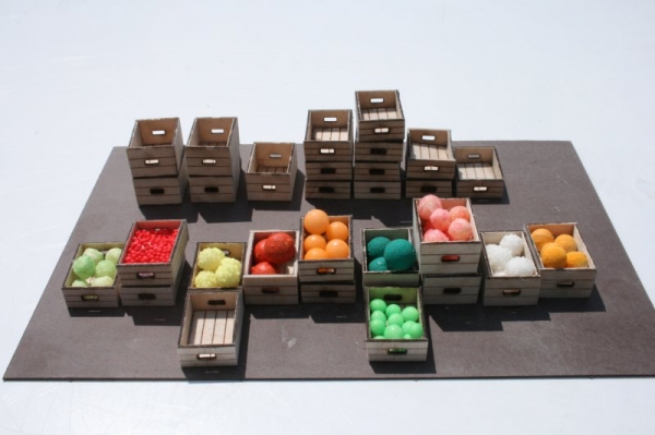 Wooden boxes, filled